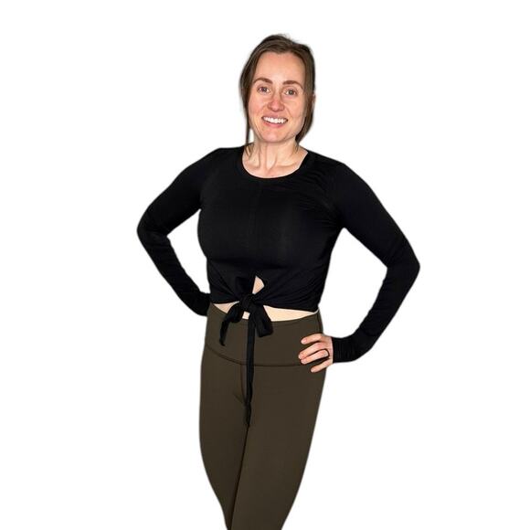 LULULEMON Washed Black Long Sleeve Front Tie Cropped Shirt Women's Small Yoga - Picture 1 of 6